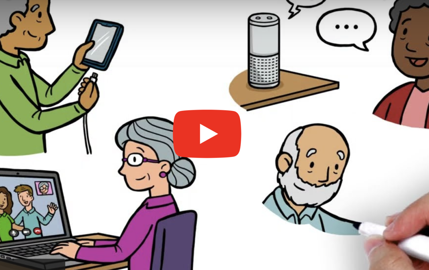 still from a video clip showing cartoons of people using smart care technology